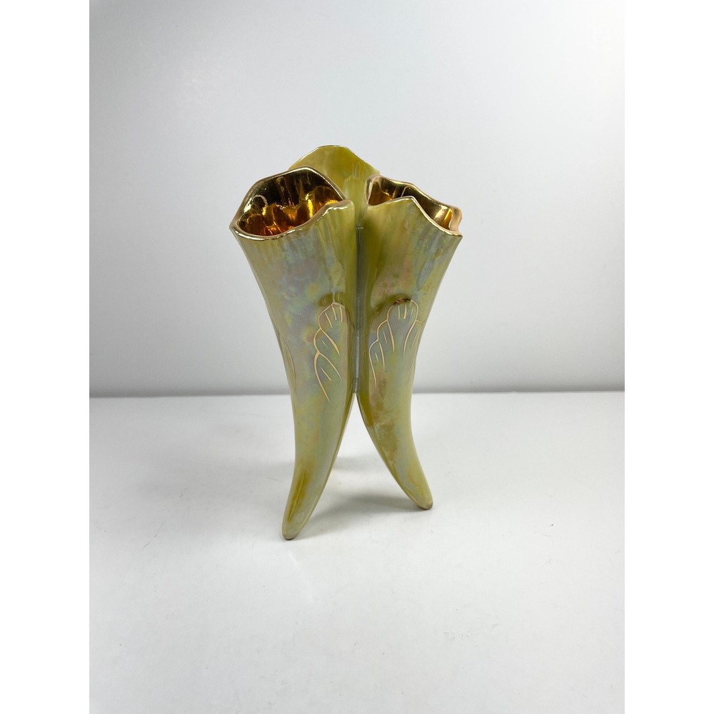 Vintage Three Horn Bud Vase Tripod Yellow Lusterware With Gold Accents Set Of 2